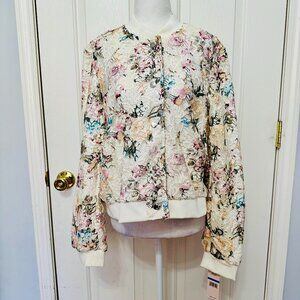 NANETTE LEPORE LACE IVORY MULTICOLOR WATERCOLOR  FLORAL BOMBER JACKET